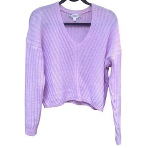 Pink Rose pink Lavender Ribbed V-Neck Cropped Sweater Womens Purple Pullover med